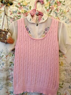 Vintage Pierre Cardin Pink Cotton Cable Knit Sleeveless Sweater Vest Small
